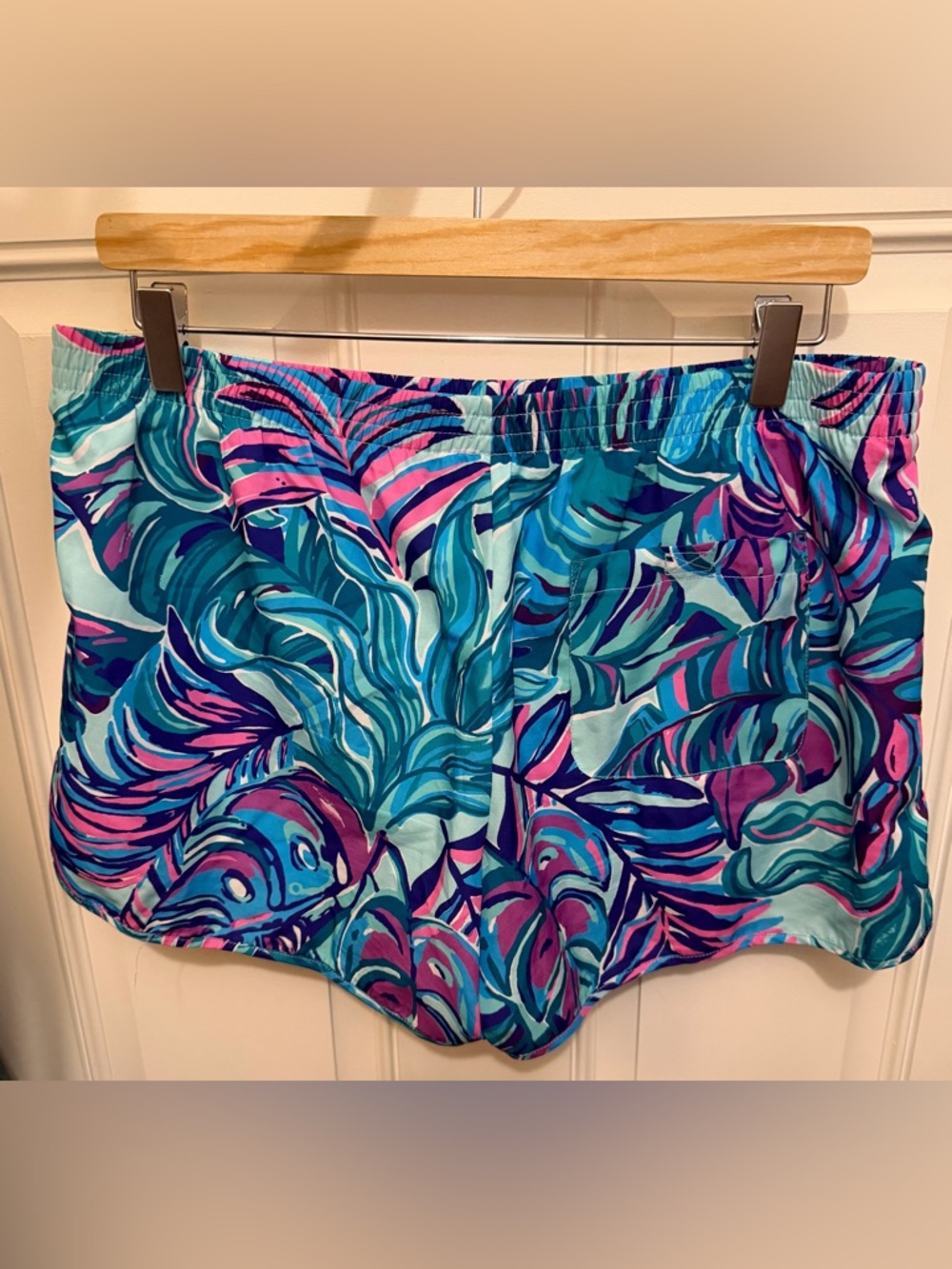 Lilly Pulitzer Tropical Leaf Print Athletic Shorts in Turquoise & Purple - Picture 3 of 5